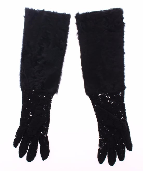 Dolce & Gabbana Schwarze Spitzen-Woll-Lammfell-Futter-Handschuhe für Damen - Image 1