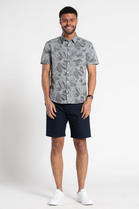 Grey Printed Chambray Short-Sleeve Shirt