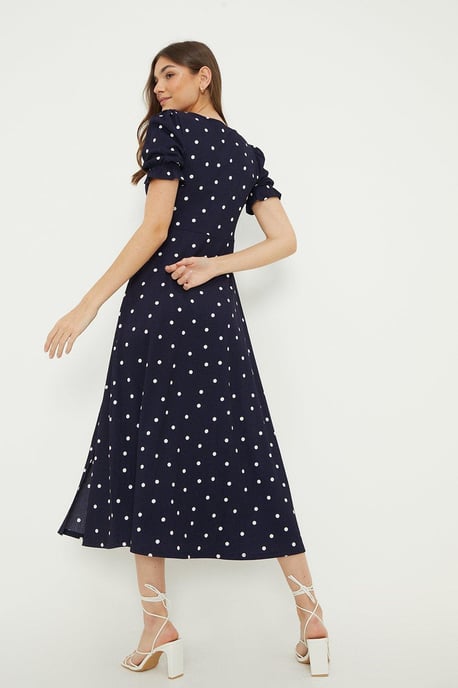 Navy Spot Sweetheart Neckline Midi Dress