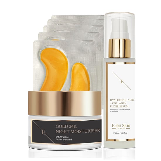 Anti-Wrinkle Night Moisturiser 24K Gold + Collagen Gold Under Eye Patch 24K Gold - 5 x 2 Pads + Hyaluronic Acid & Collagen Serum - 60ml