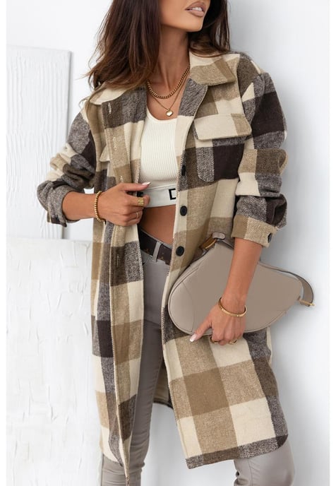 Damen-Shacket mit Karomuster und Button-Down-Muster in Khaki - Image 2