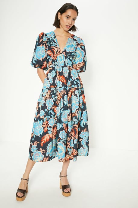 Detailed Pintuck Puff Sleeve Cotton Poplin Midi Dress