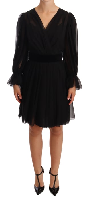 Dolce & Gabbana Damen schwarzes Mesh Falten Mini-Seiden-Stretchkleid - Image 1