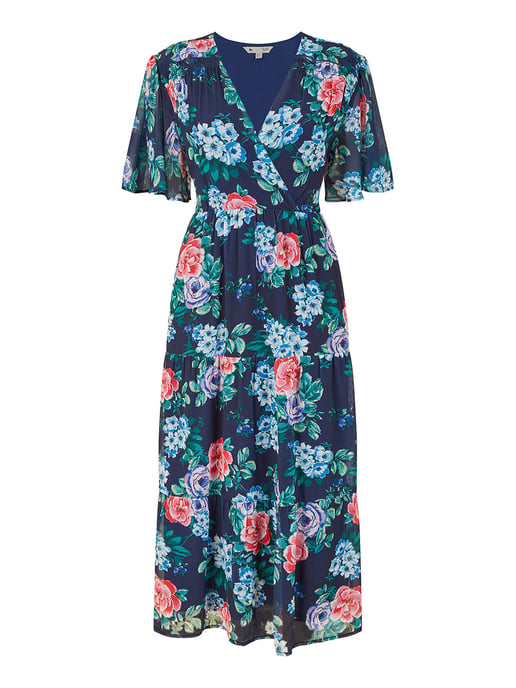 Navy Floral Wrap Midi Dress With Tiered Hem