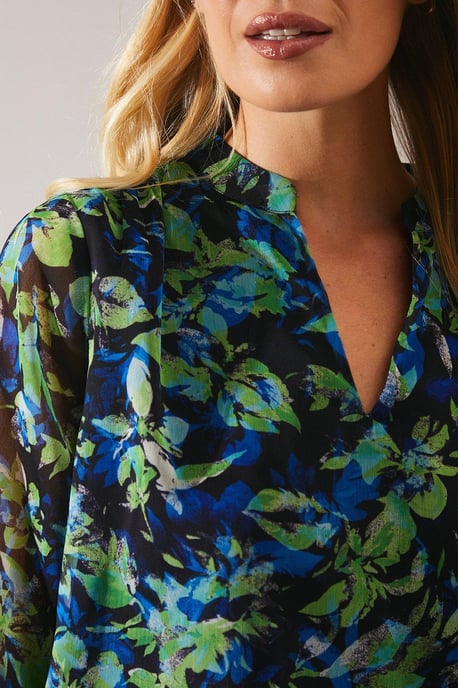 Petite Blue Abstract Flower Flute Sleeve Top
