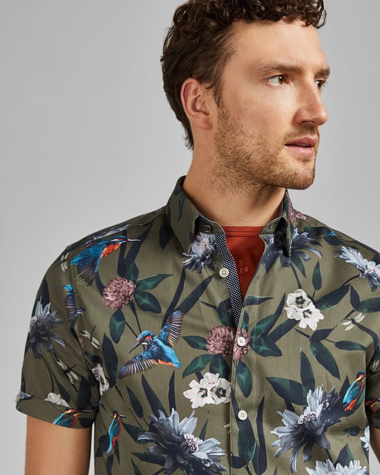 Ted Baker Johnn Short-Sleeved Kingfisher Printed Shirt, Khaki