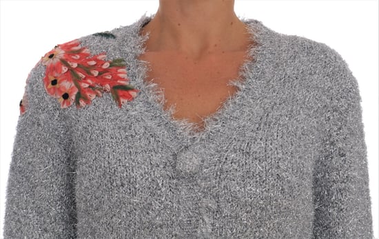 Dolce & Gabbana Women's Silver Cardigan Floral Applique Sweater - Image 2