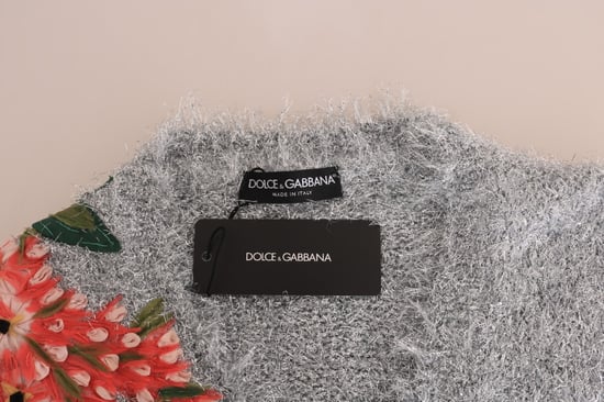Dolce & Gabbana Women's Silver Cardigan Floral Applique Sweater - Image 3