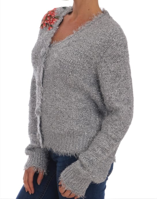 Dolce & Gabbana Women's Silver Cardigan Floral Applique Sweater - Image 4