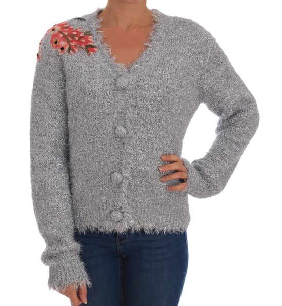 Dolce & Gabbana Women's Silver Cardigan Floral Applique Sweater - Image 1