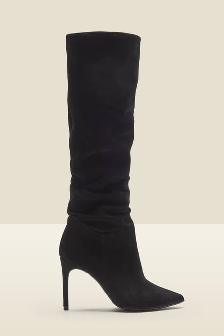 Belle Black Suede Heeled Slouch High Leg Boot