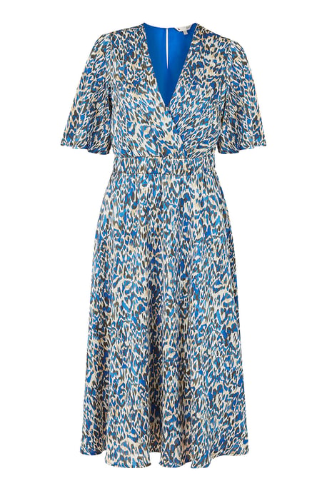 Blue Animal Print Wrap Midi Skater Dress