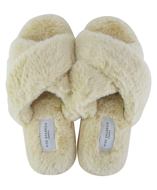 Miss Sparrow - Womens Open Toe Schlafzimmer Hausschuhe mit Rücken | Soft Fluffy Plüsch Cozy Non-Slip Crossover Sliders - Creme - Image 2