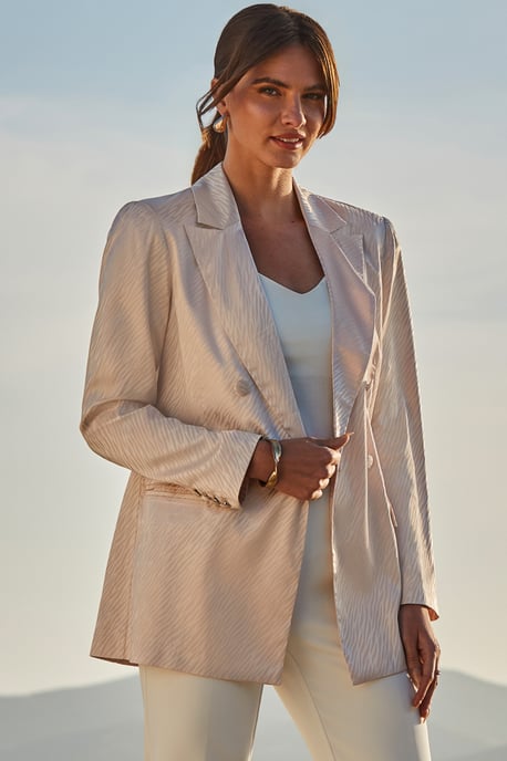 Champagne Gold Animal Jacquard Satin Double Breasted Blazer