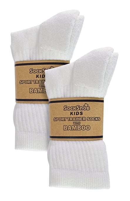 6 Paar Multipack Boys Bamboo Sport Socken | Sock Snob | Atmungsaktive Crew Kids White PE Socken - Weiß - Image 2