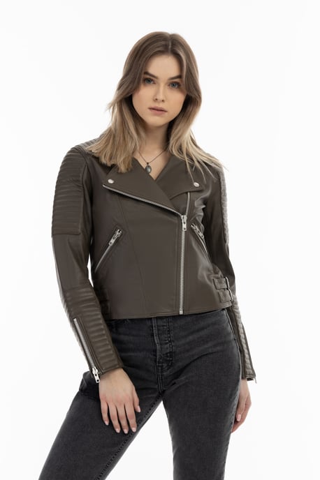 Dreimaster Bikerjacke aus Leder Damen Taupe - Image 2