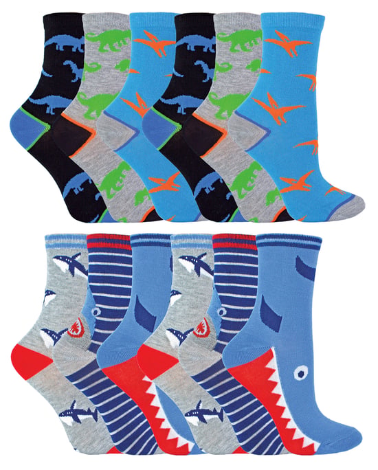 12 Paar Multipack Kinder Neuheit Bambus Trainer Socken | Socken Snob | Atmungsaktiv Low Cut Socken mit Spaß Designs - Pack 1 (Haie & Dinosaurier) - Image 1
