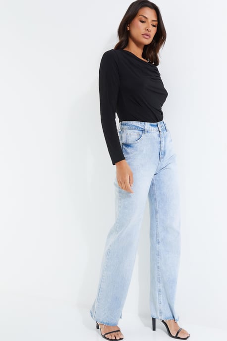 Black Ruched Cowl Neck Top