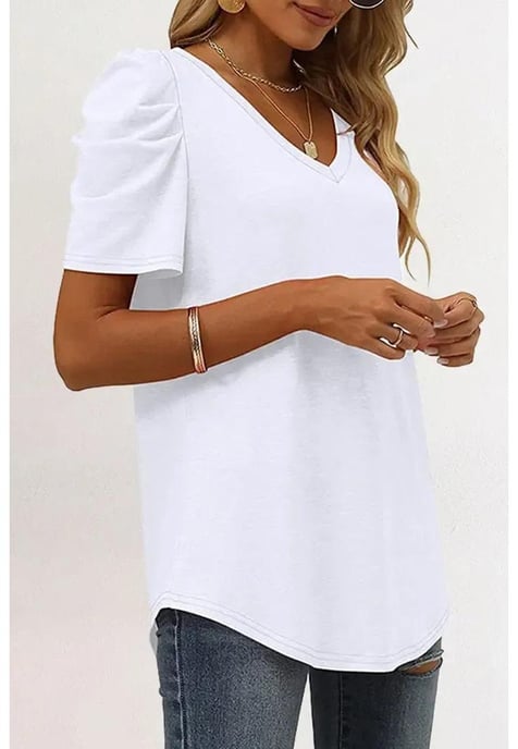 Damen V-Ausschnitt Puffärmel T-Shirt in Weiß - Image 6