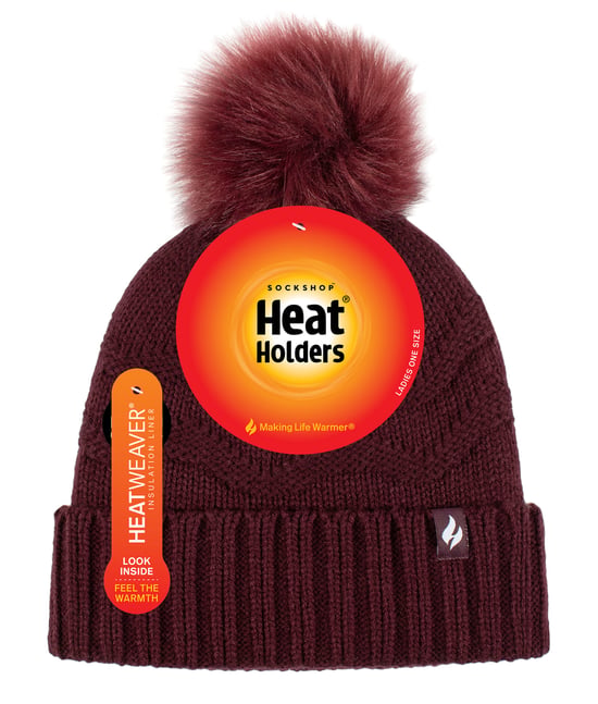 Damen Winter Pelz Beanie Mütze | Wärmehalter | Zickzack gemusterte Pom Pom Hut | Womens Thermal Cuff Bobble Hat - Wein - Image 2