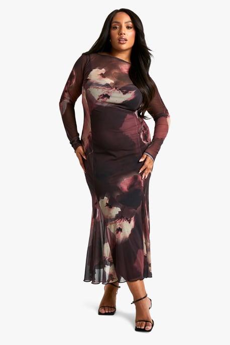 Plus Slash Neck Floral Mesh Print Godet Hem Midaxi Dress - Image 1