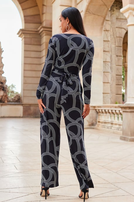 Black Geometric Print Faux Wrap Front Jumpsuit