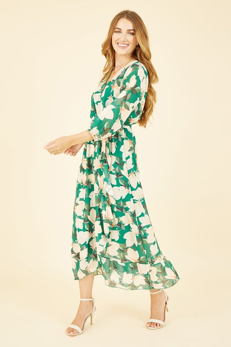 Yumi Green Blossom Wrap Midi Dress With 3/4 Sleeves