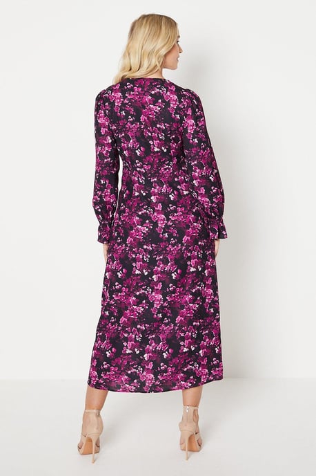 Pink Floral Ruched Front V Neck Midi Dress
