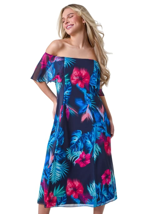 Petite Tropical Floral Bardot Chiffon Dress