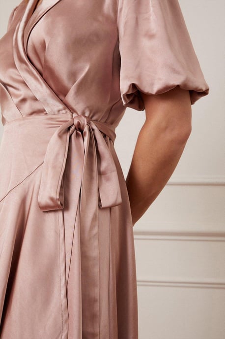 Satin Balloon Sleeve Wrap Midi Dress