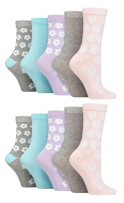 Wildfeet - 10er Pack Damen Bambus Crew Socken mit Punkten, Leoparden- und Blumenmuster - Multicolour - Image 1