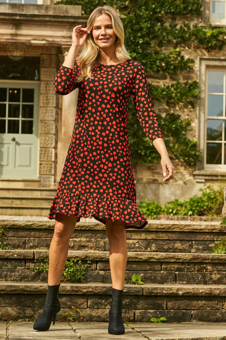 Black & Red Heart Print Ruffle Hem Shift Dress