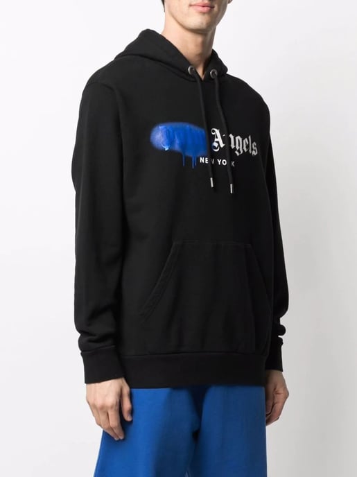 Palm Angels New York Blauer Gespritzt Logo-Druck Hoodie Schwarz - Image 2