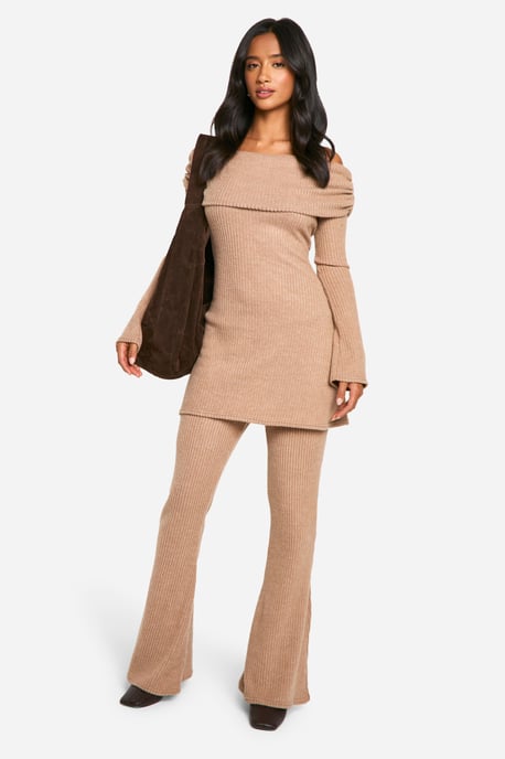 Petite Brushed Rib Foldover Flare Trouser