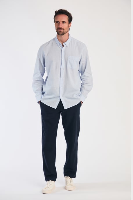 Blue Linen Blend Long Sleeve Button-Up Shirt With Chest Pocket