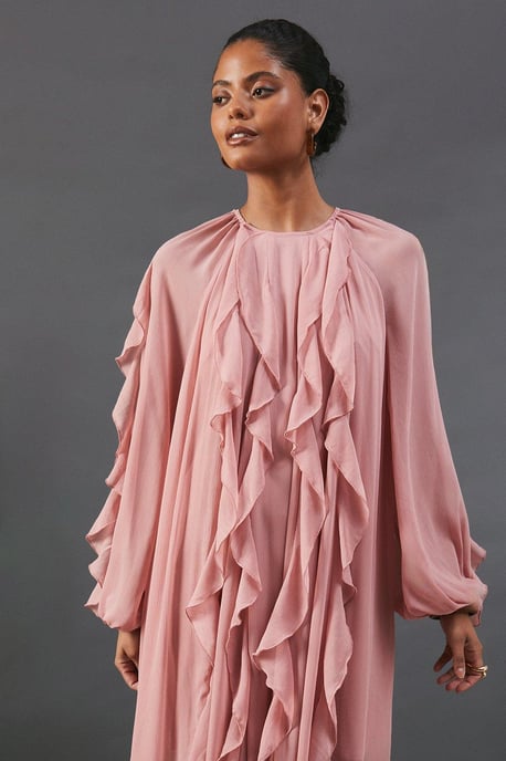 Chiffon Ruffle Blouson Sleeve Maxi Dress