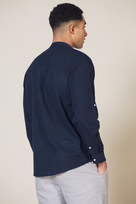 Navy Linen Blend Long Sleeve Button-Up Shirt With Grandad Collar