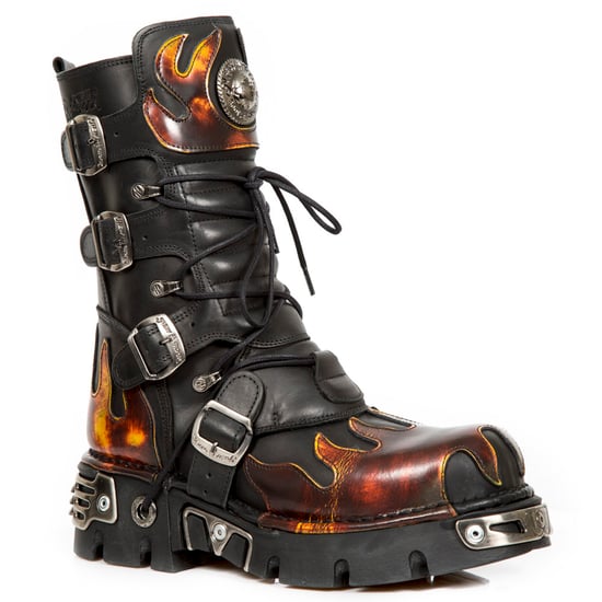 New Rock Flame Accented Black/Red Leather Boots- 591-S1