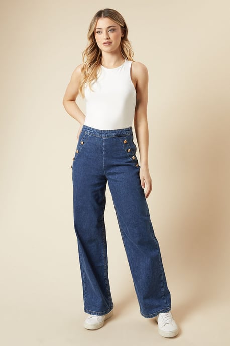 Military Button Detail Wide Leg Jean