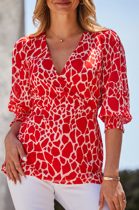 Red Morocco Print Faux Wrap Tunic Top
