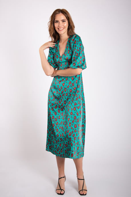 Grünes V-Ausschnitt-Shift-Midikleid mit Tiermuster - Image 1