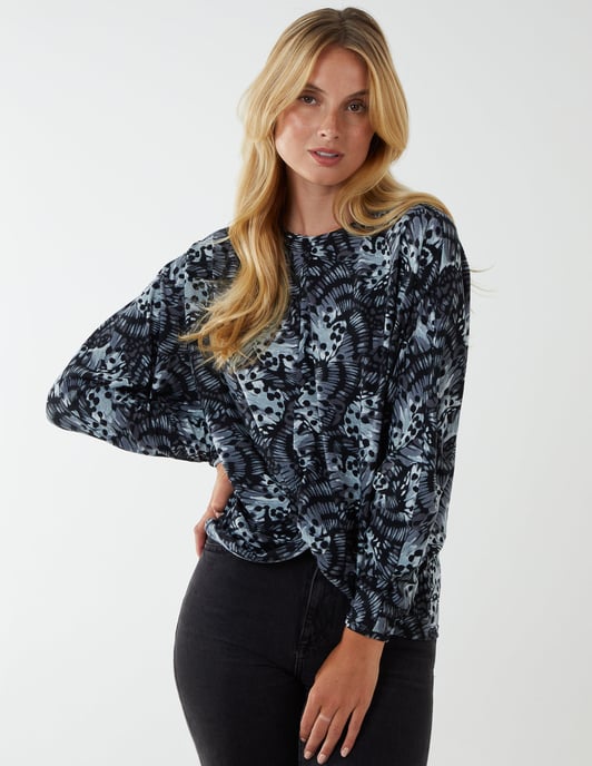 Black Butterfly Print Knot Top
