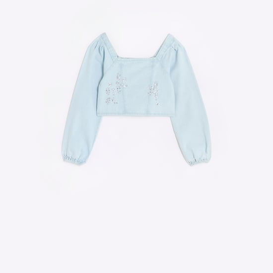 River Island Girls Blouse Blue Embellished Denim Corset
