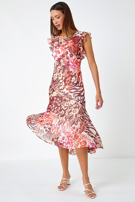 Floral Print Frill Detail Midi Dress