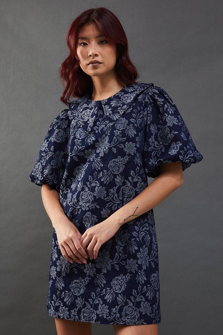 Denim Rose Jacquard Pointed Collar Mini Dress