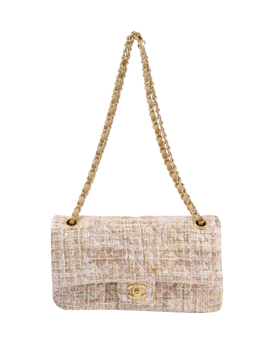 Chanel Classic Flap Shoulder Bag with Gold Tone Metal in Pastel Pink Tweed and Leather