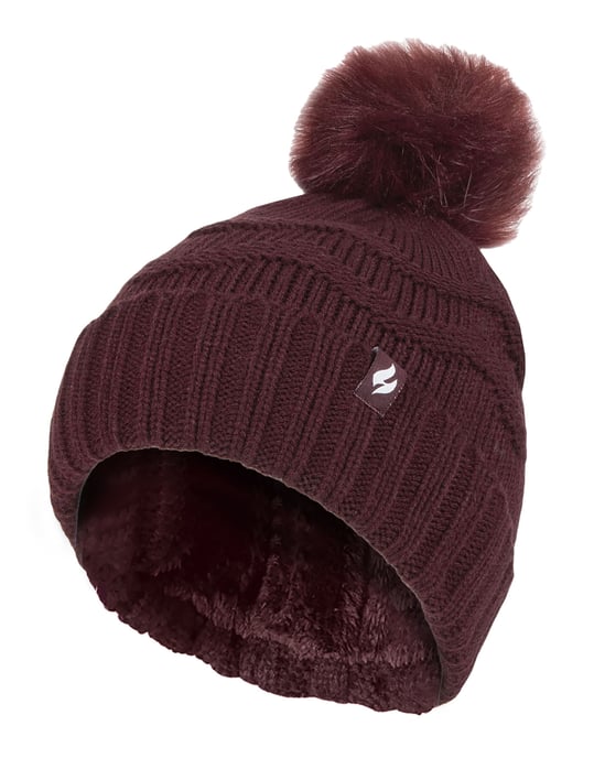 Damen Winter Pelz Beanie Mütze | Wärmehalter | Zickzack gemusterte Pom Pom Hut | Womens Thermal Cuff Bobble Hat - Wein - Image 1