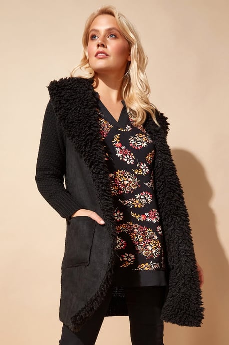 Longline Faux Shearling Knit Coatigan