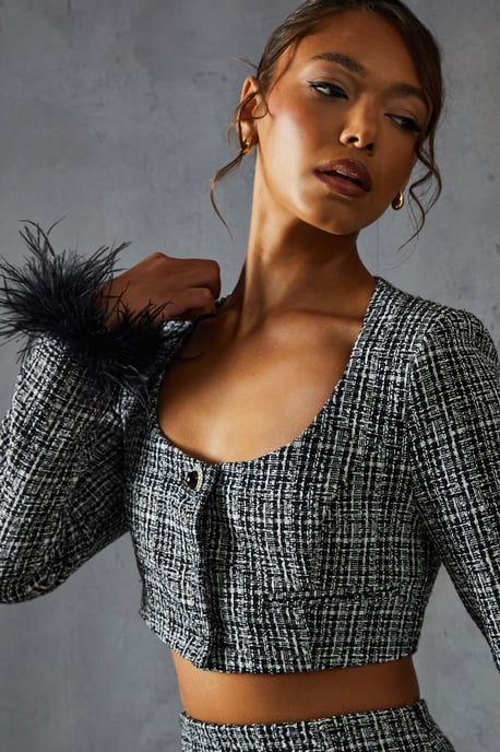 Boucle Feather Trim Cropped Jacket