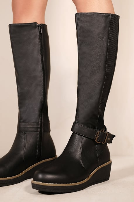 Where's That From Womens 'Ayleen' Wedge Heel Knee High Boots With Elastic Panel In Black Faux Leather
